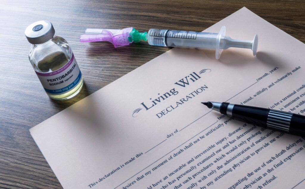 Living will declaration form Next to a vial of pentobarbital sodium