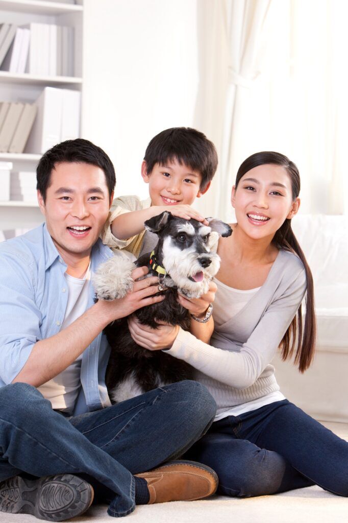 Happy family with pet schnauzer